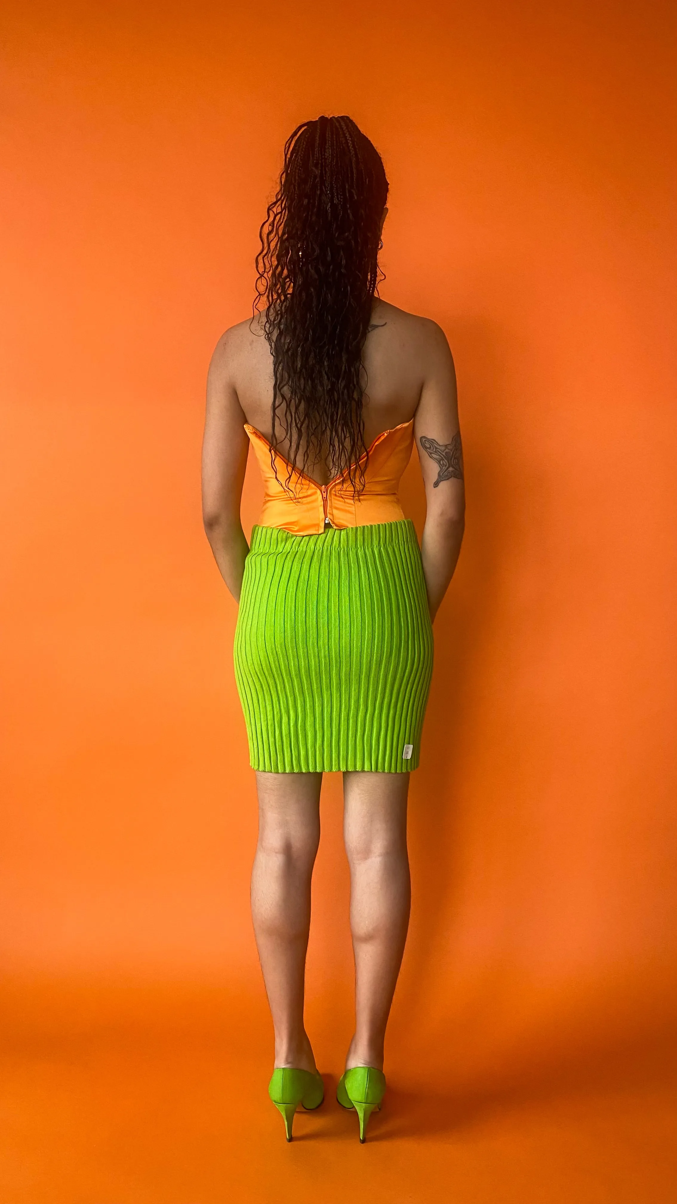 1990s Lime Green Ribbed Knit Skirt, sz. S-L