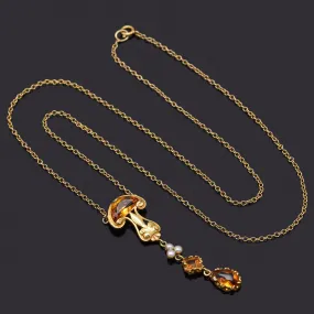 Antique 14K Yellow Gold Citrine & Sea Pearl Necklace