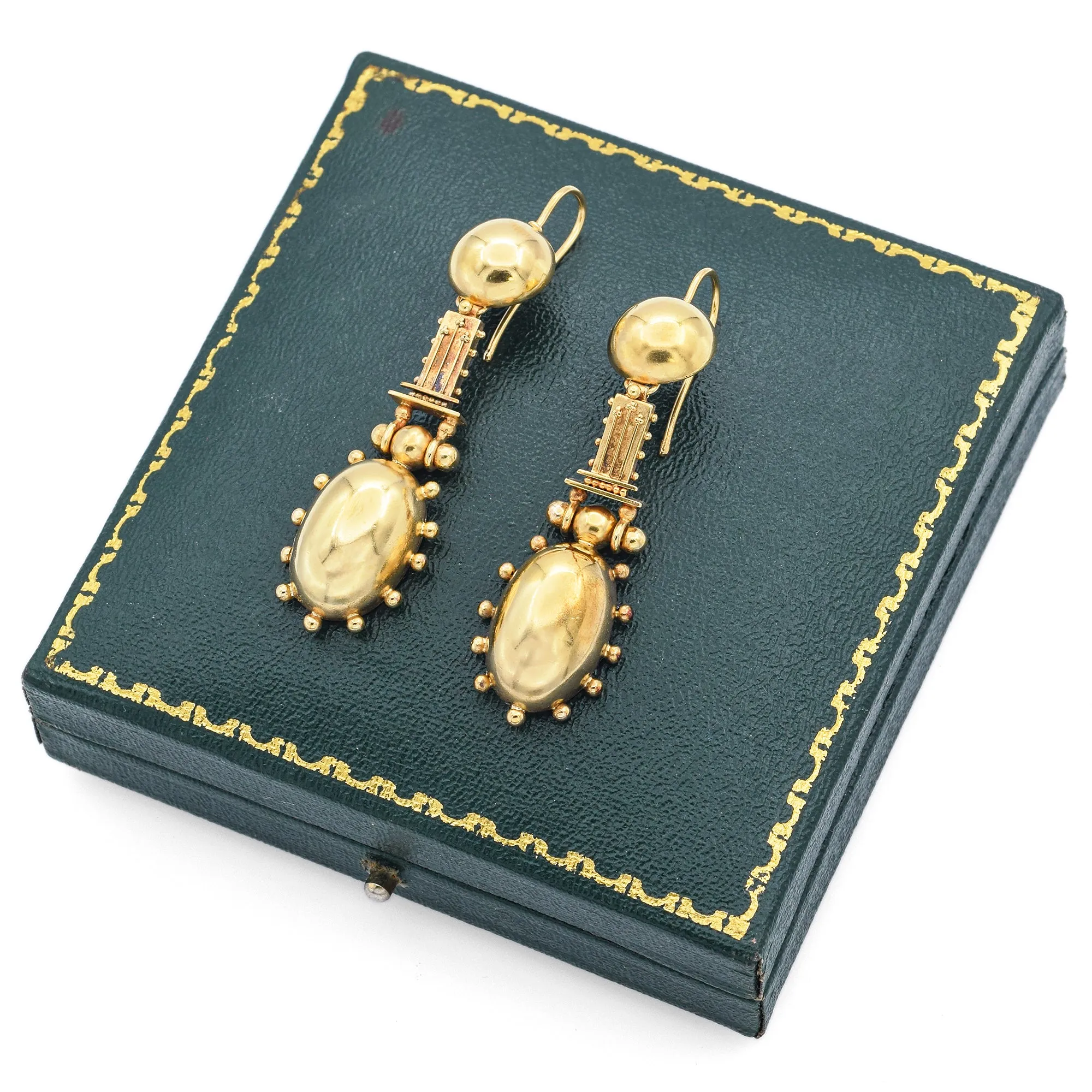 Antique Victorian Etruscan Revival 19K Yellow Gold Dangle Earrings