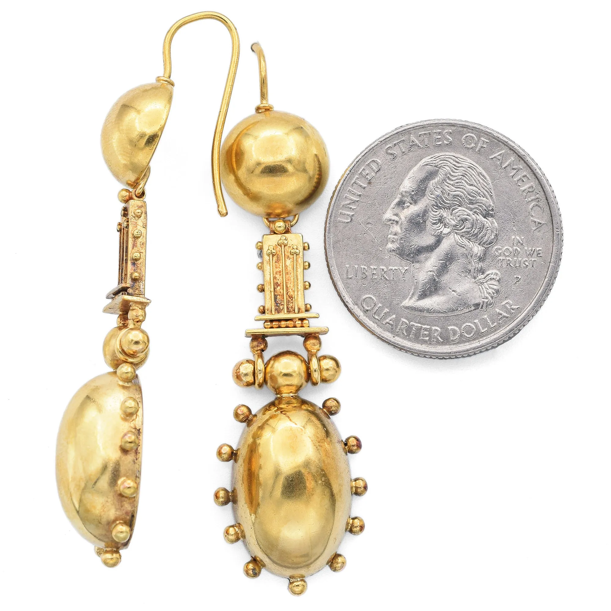 Antique Victorian Etruscan Revival 19K Yellow Gold Dangle Earrings