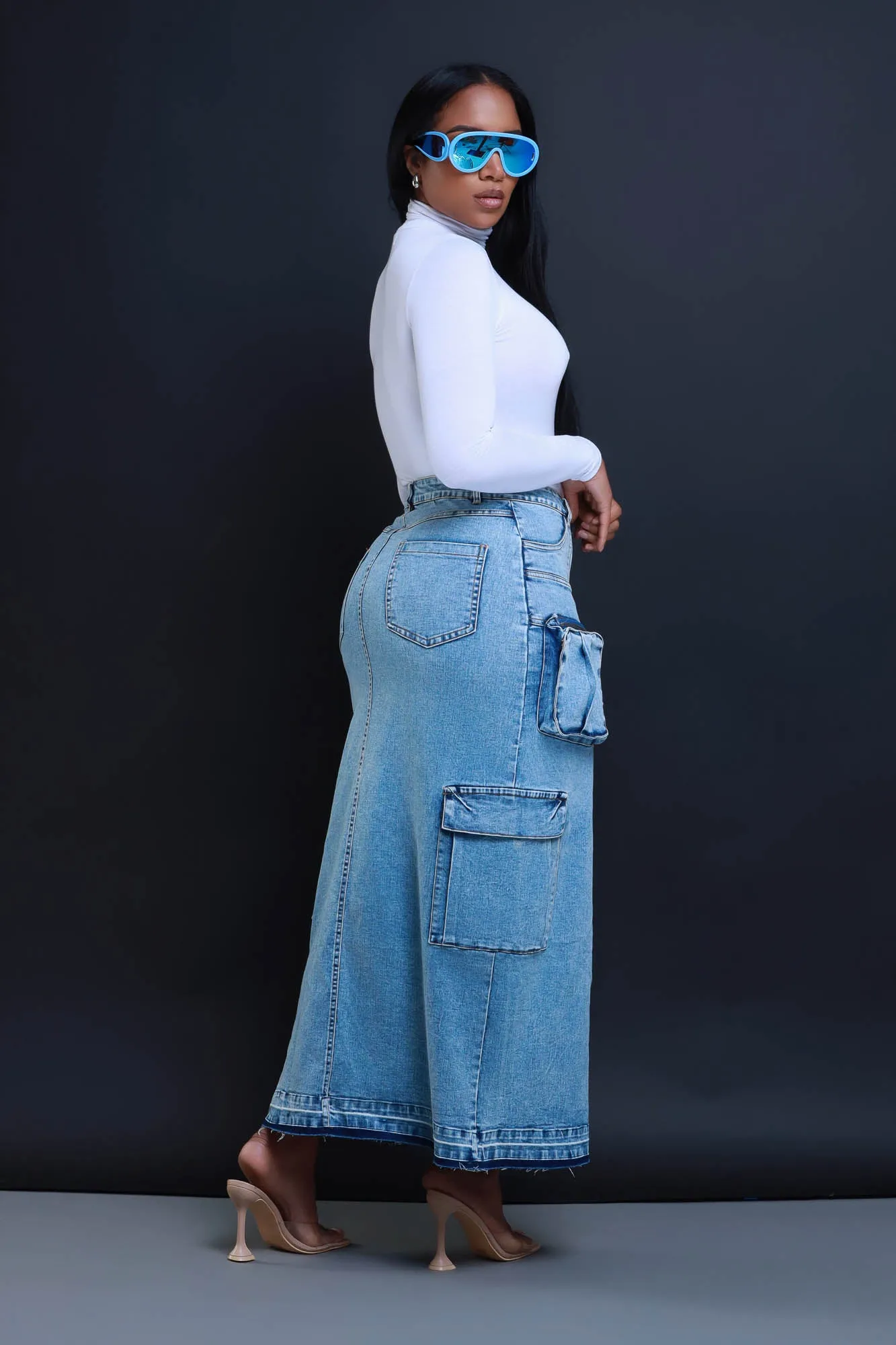 Back & Forth Denim Cargo Midi Skirt - Blue