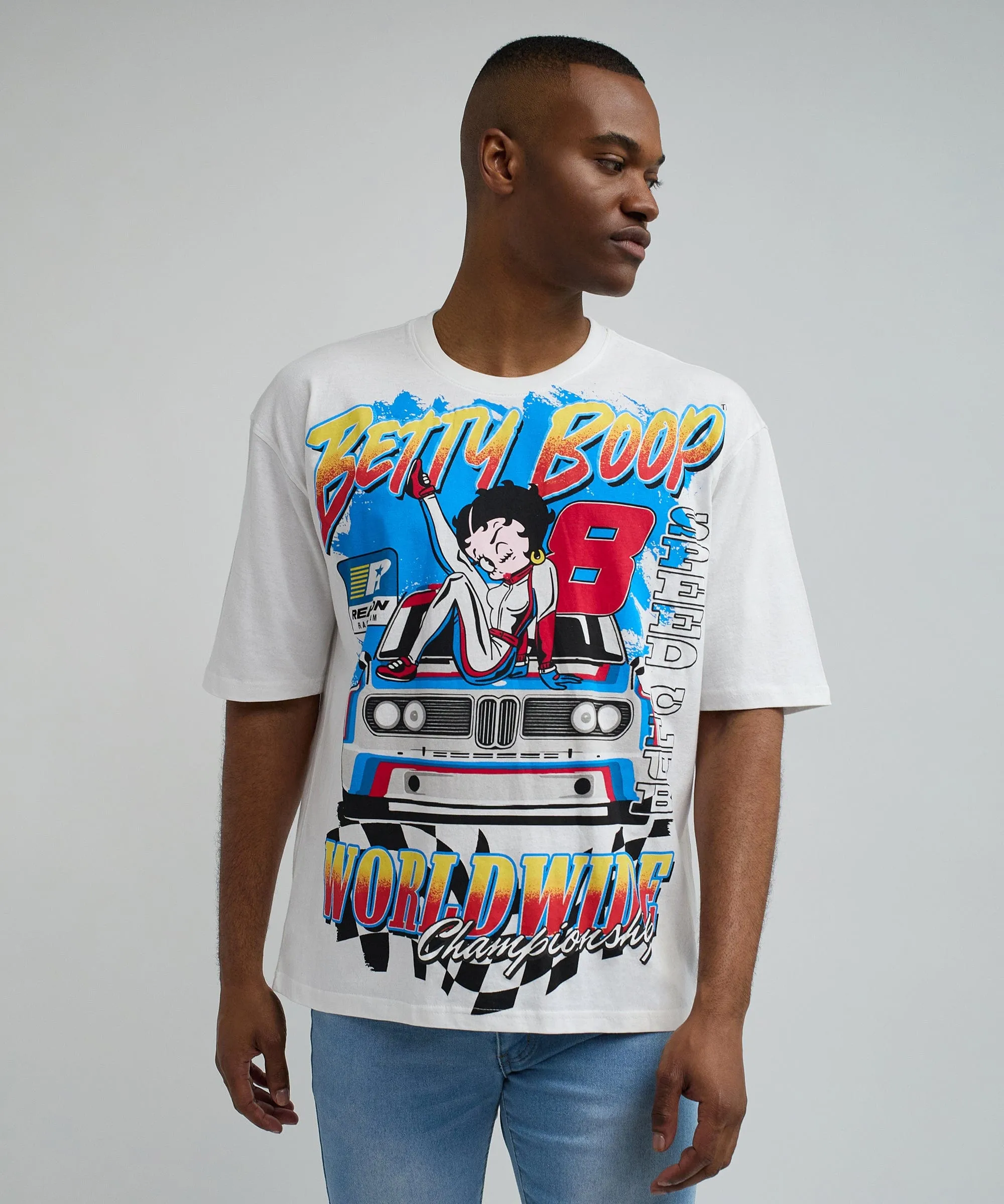 Betty Boop Racing Oversized Short Sleeve Graphic Tee - White