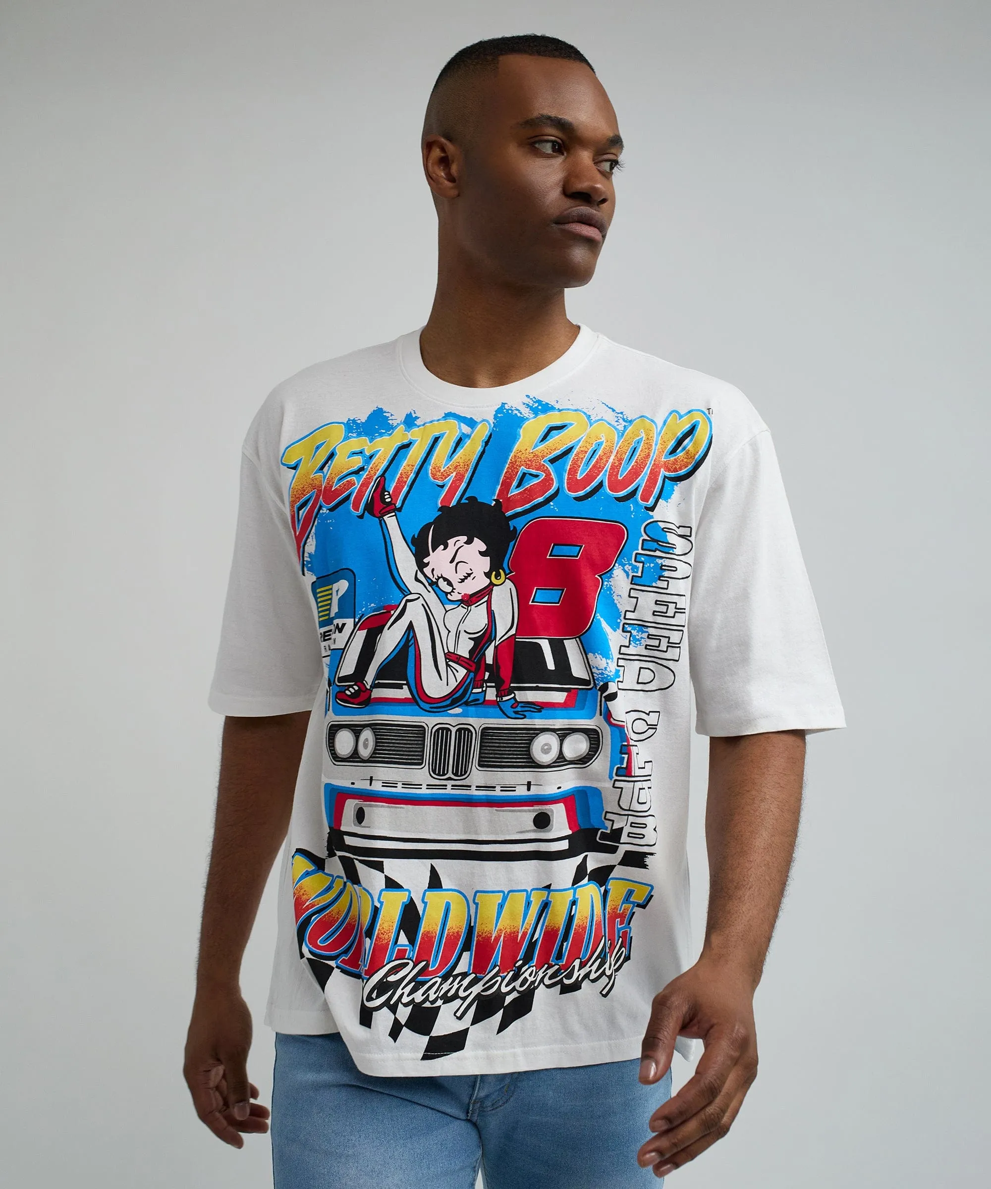 Betty Boop Racing Oversized Short Sleeve Graphic Tee - White