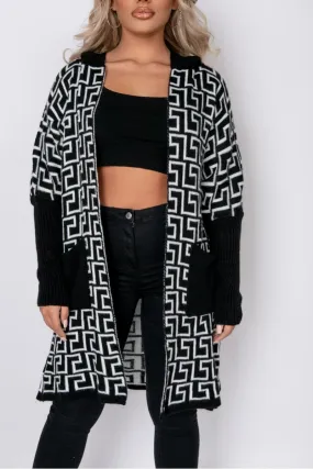 Black White Geometric Hooded Cardigan