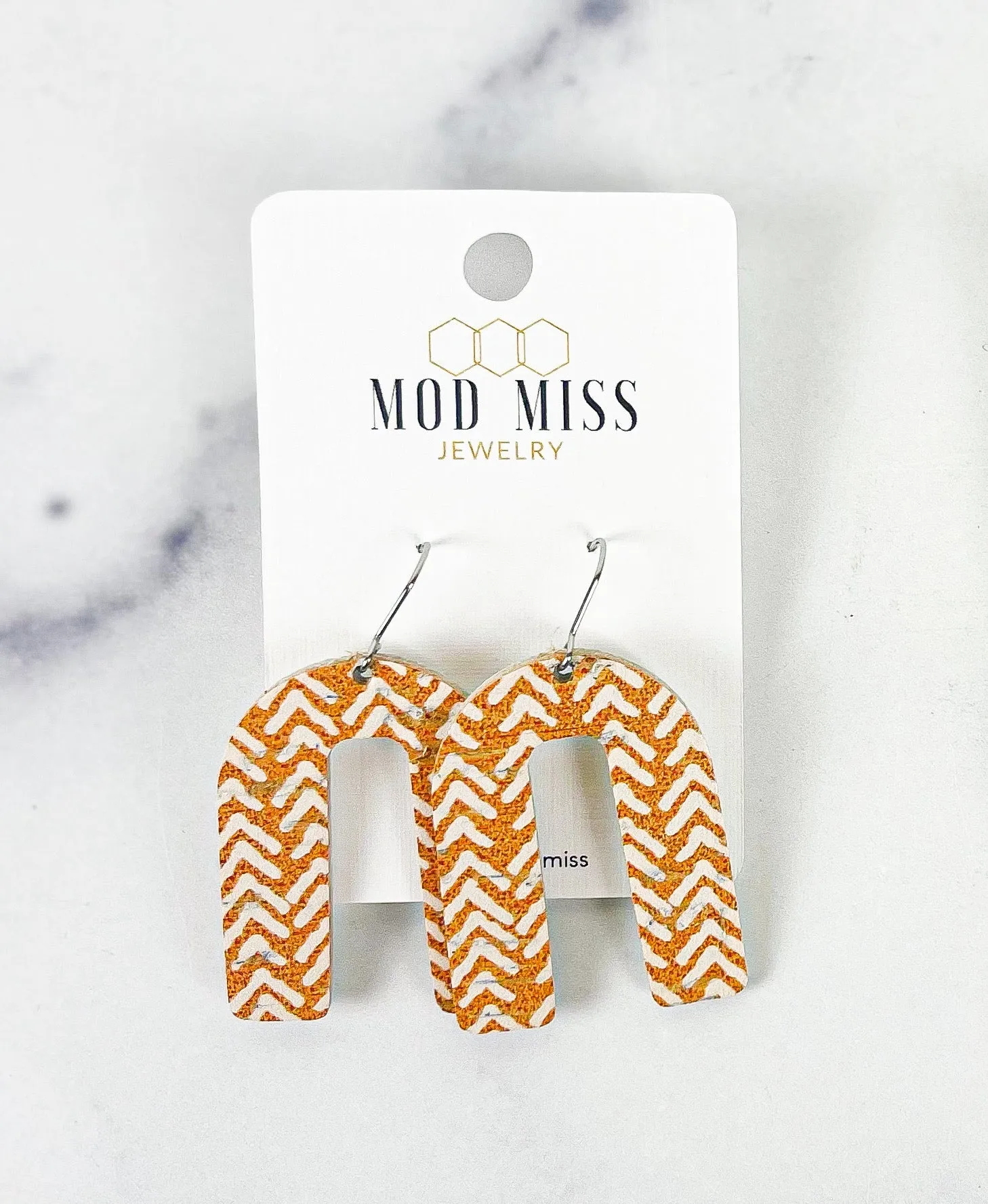 Cork Leather Arch Earring Mustard Chevron