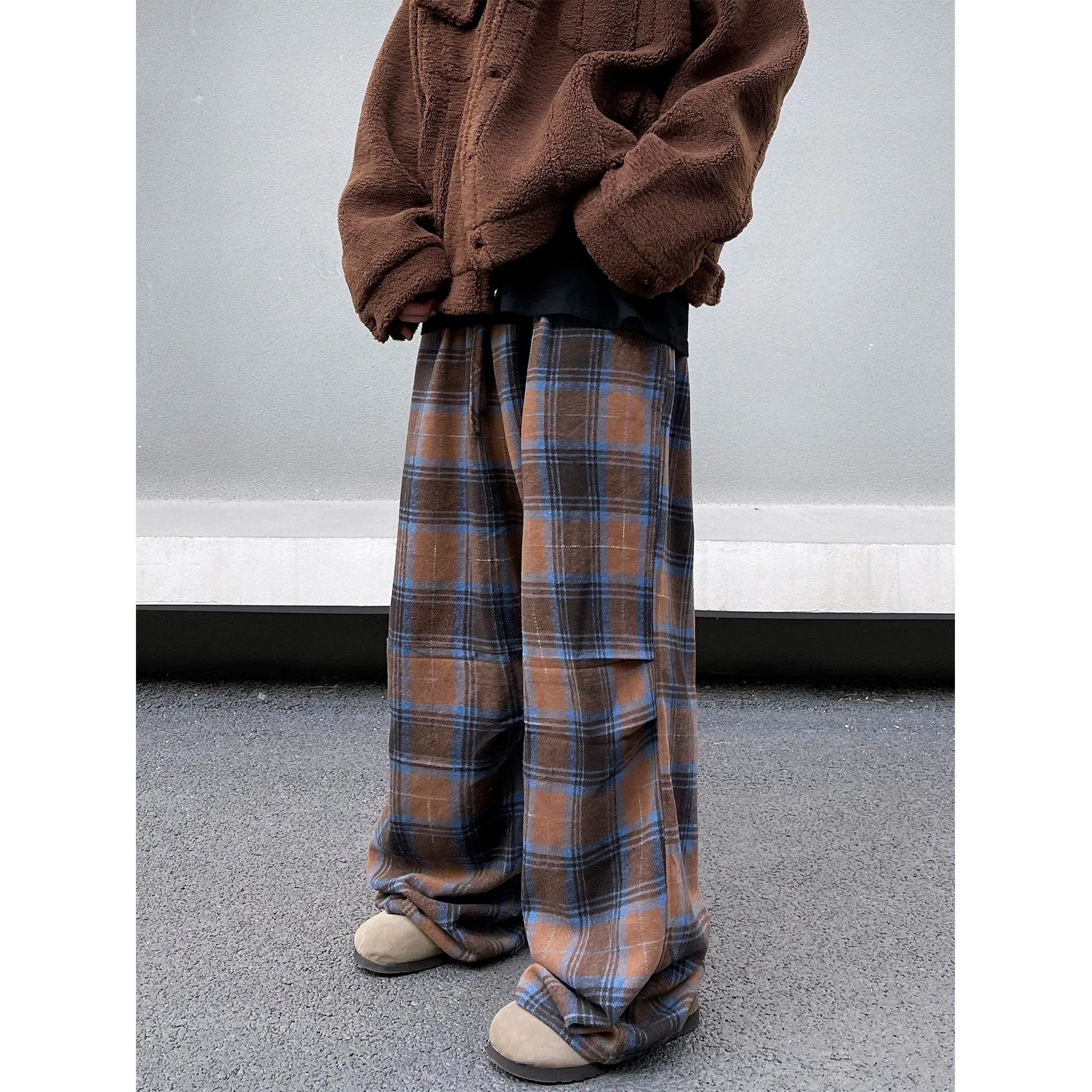 Drawstring Plaid Pleated Pants