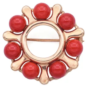 Estate 14K Yellow Gold Red Coral Circle Brooch Pin