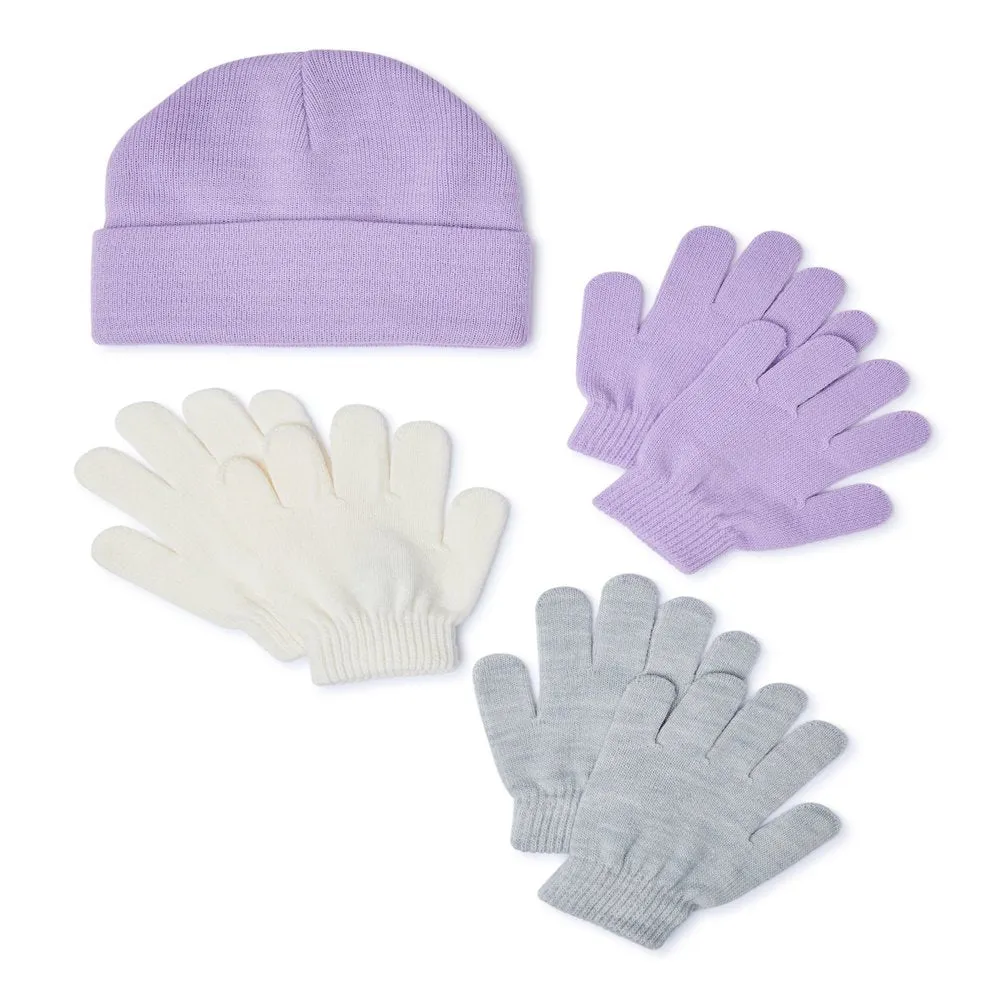 Girls 3 Pack Glove and Beanie Set, 4-Piece, OSFM