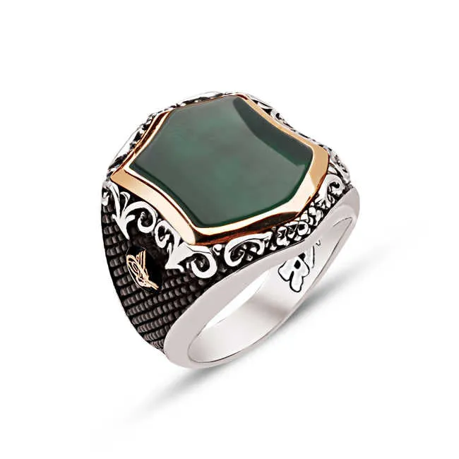 Green Agate Stone Hexagon Silver Men’s Ring Siding Bush Pattern and Ottoman Tughra