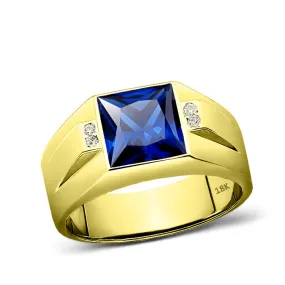 Men's Ring 18K Real Yellow Fine Gold Blue Sapphire with 4 Natural Diamonds