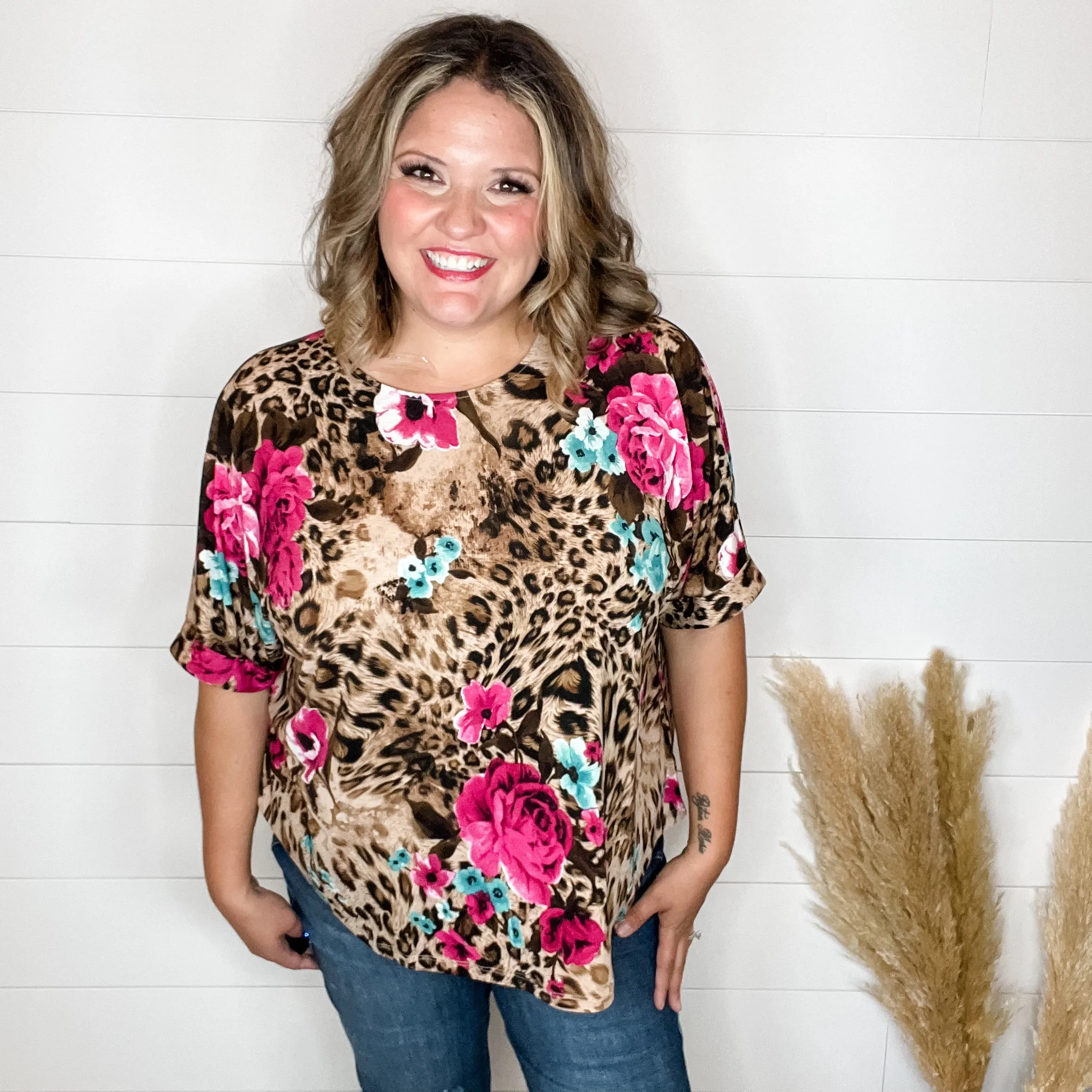 "Buzzy" Floral and Animal Print Cuffed Short Sleeve