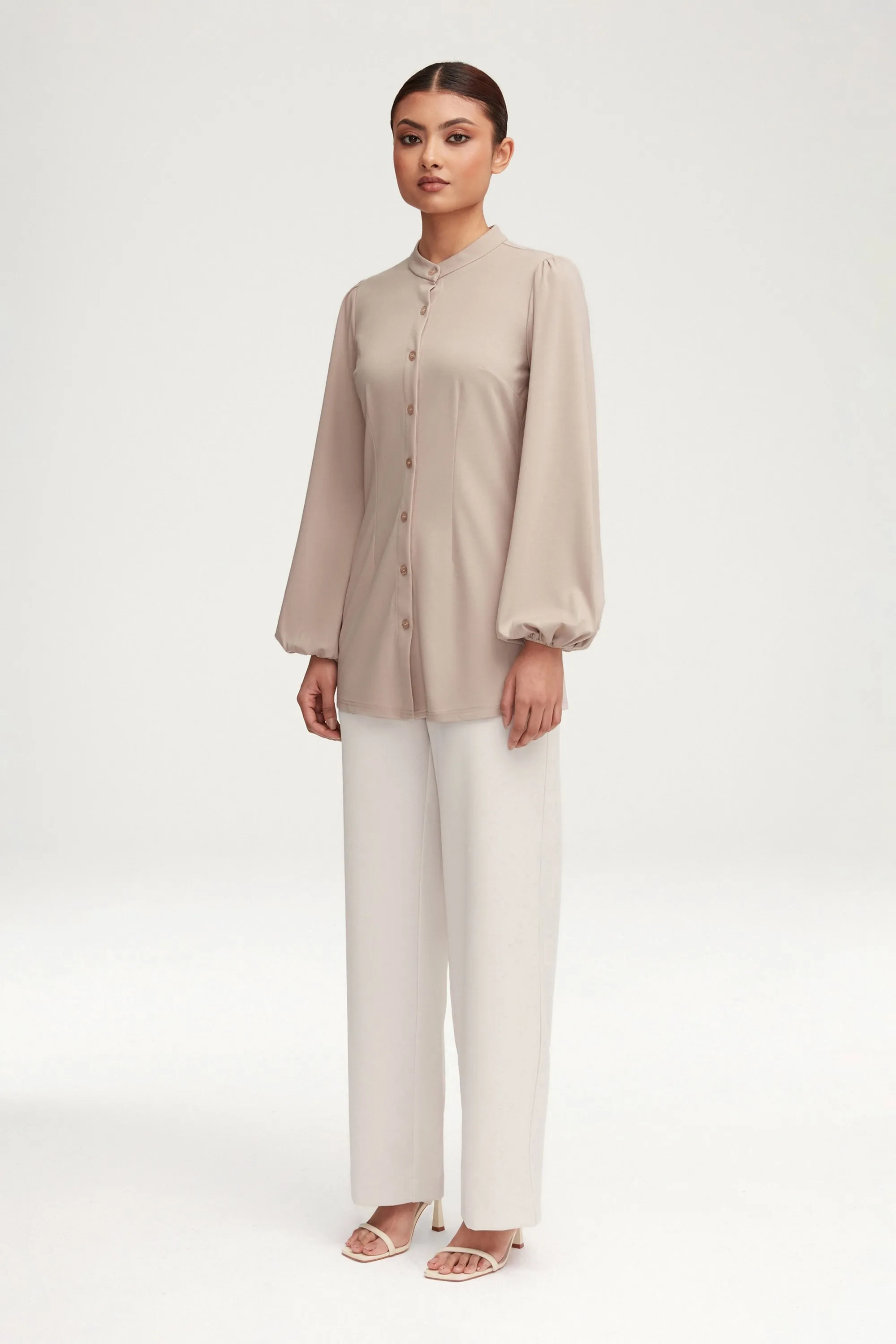 Rayana Jersey Button Down Top - Stone