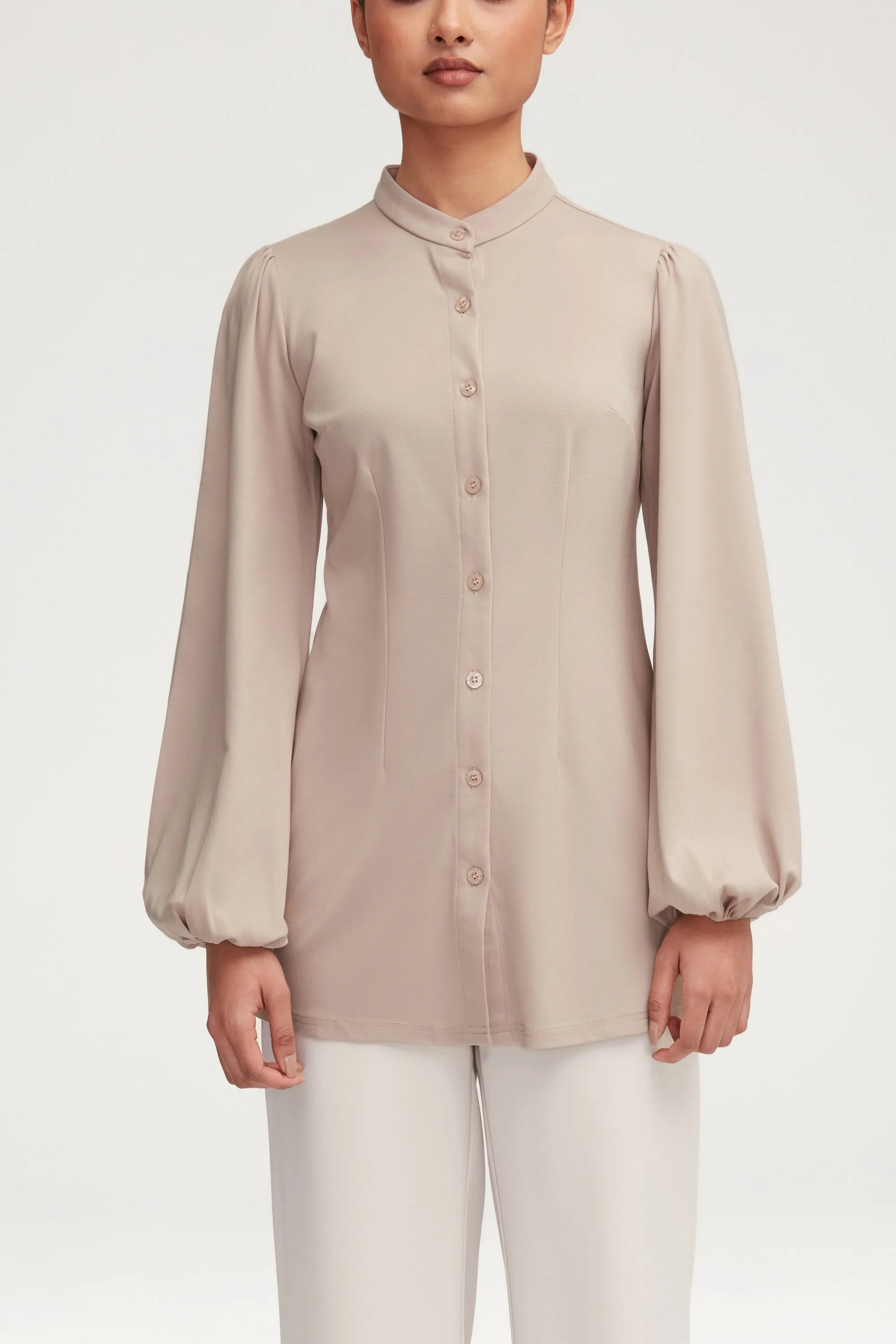 Rayana Jersey Button Down Top - Stone