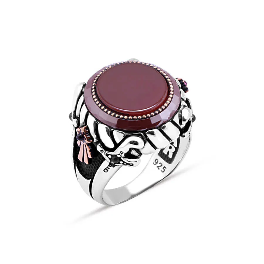 Red Agate Rim Around Circle Red Agate Stone Silver Men's Ring Siding Double Sword and Ribbon