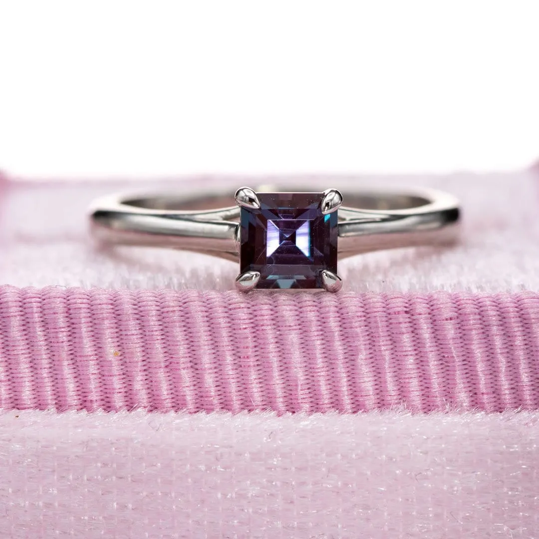 Square Emerald Cut Lab Alexandrite Cathryn Ring - Prong Set Platinum Solitaire Engagement Ring, Ready to ship