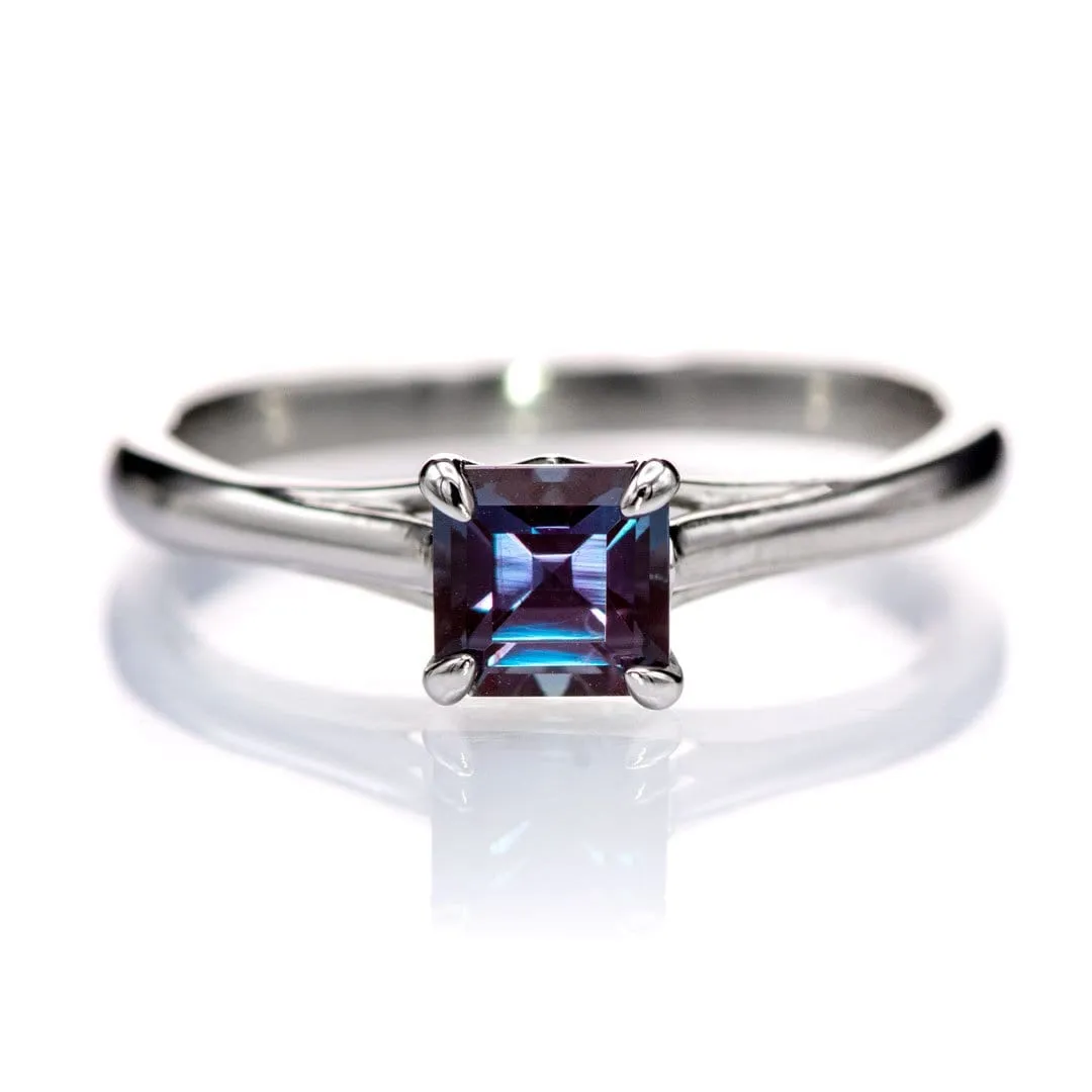 Square Emerald Cut Lab Alexandrite Cathryn Ring - Prong Set Platinum Solitaire Engagement Ring, Ready to ship