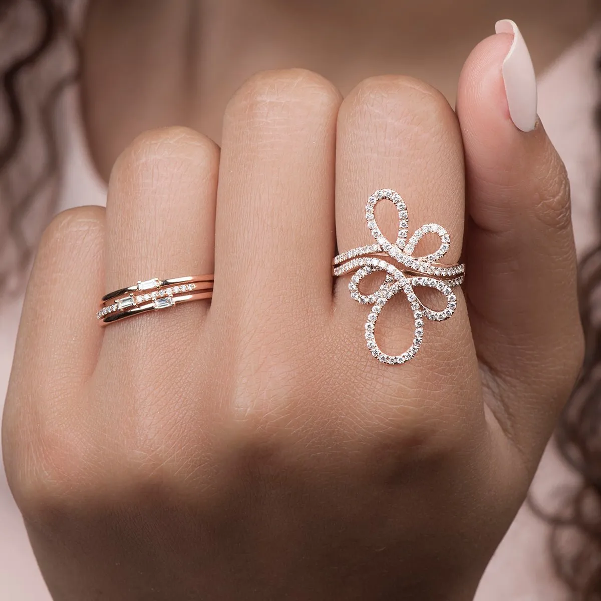 Three Band Baguettes and Round Diamond Stacking Rings